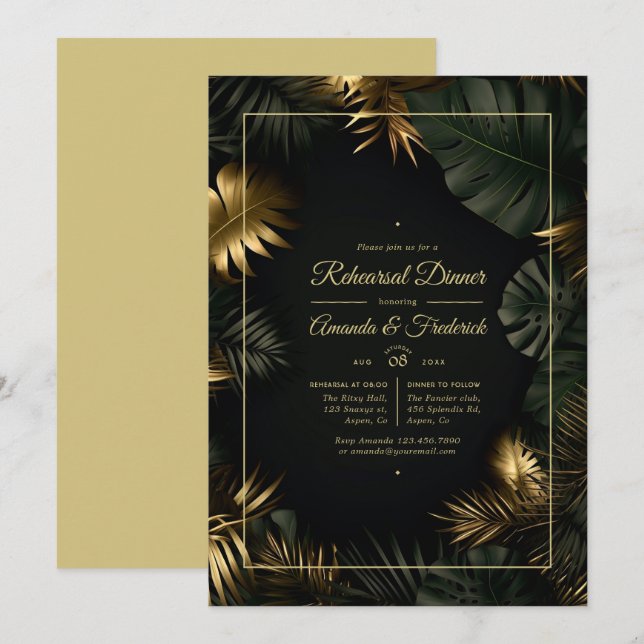 Invitation Dîner de répétition tropical noir et or (Devant / Derrière)