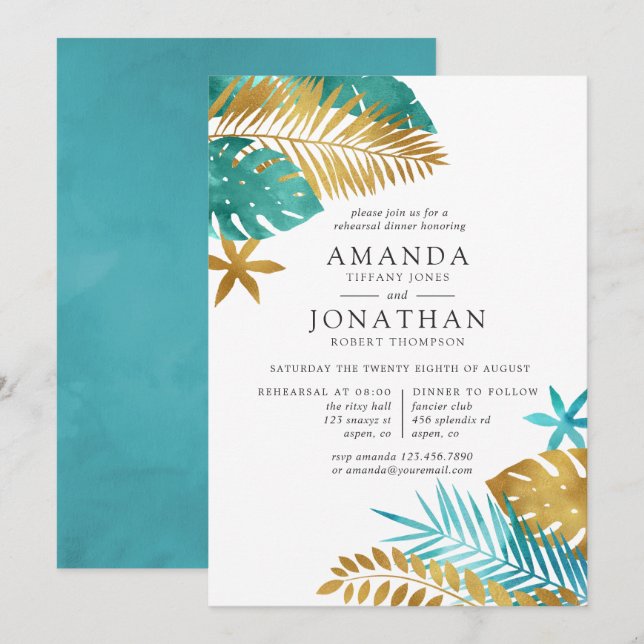 Invitation Dîner de répétition tropical sarcelle et or (Devant / Derrière)