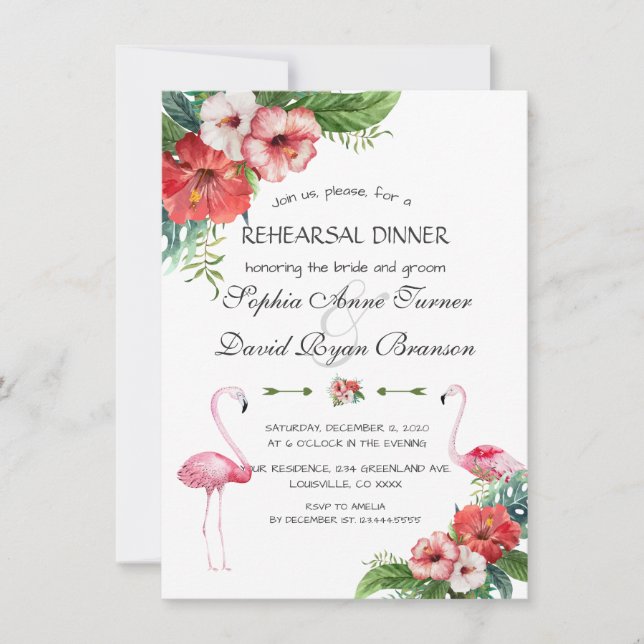 Invitation Dîner de répétition tropicale du Flamant rose de L (Devant)