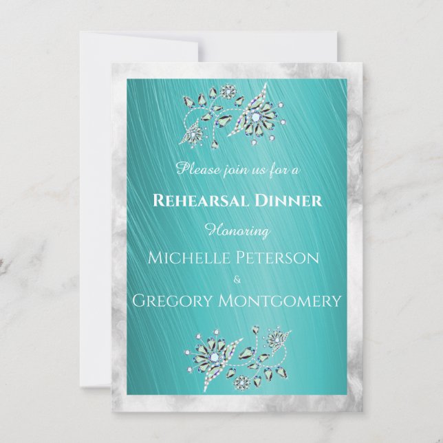 Invitation Dîner de répétition turquoise avec strass sur sarc (Devant)