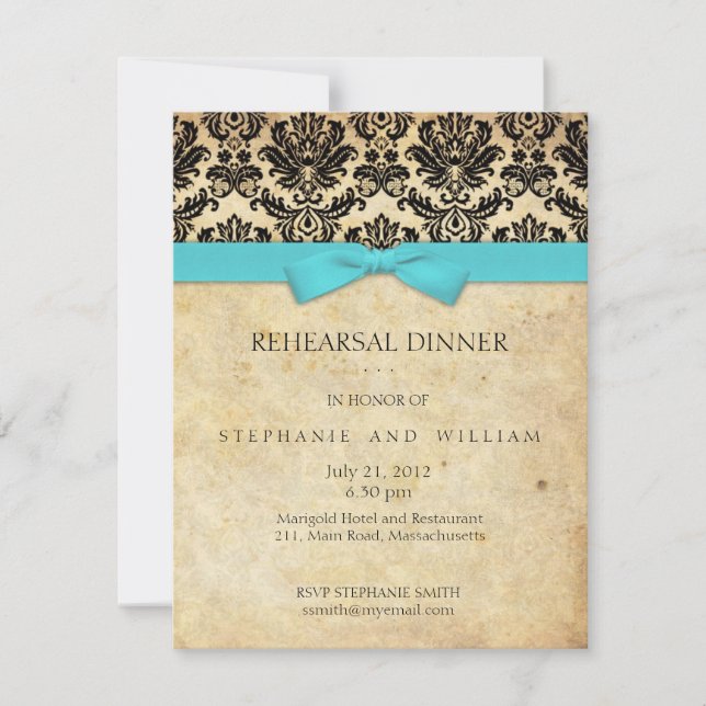 Invitation Dîner de répétition Turquoise Bow Damask Invitatio (Devant)
