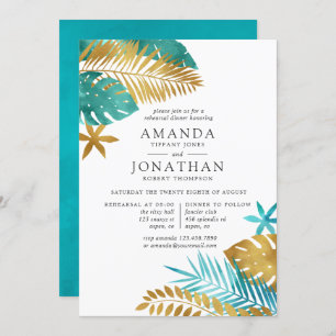 Invitation Dîner de répétition turquoise et Gold Tropical