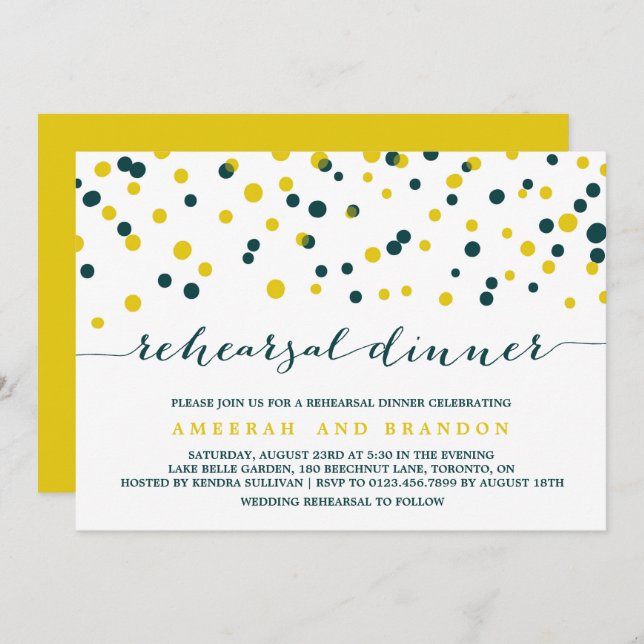 Invitation Dîner de répétition turquoise et jaune Confetti Do (Devant / Derrière)