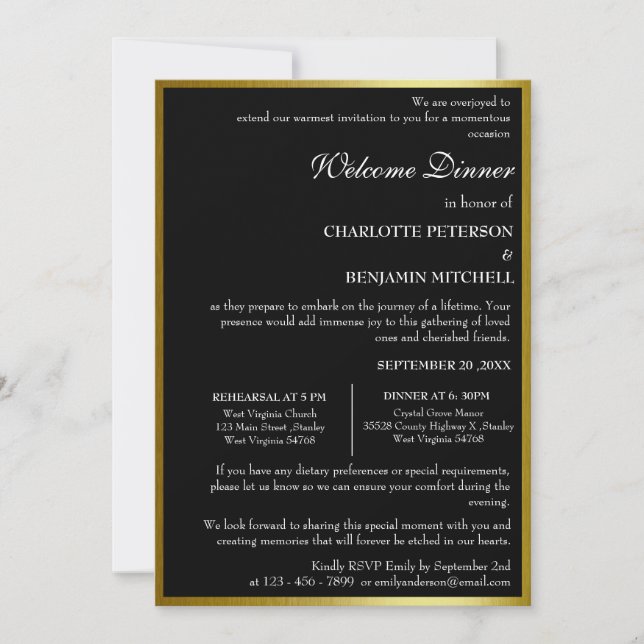 Invitation Dîner de répétition unique noir et or (Devant)