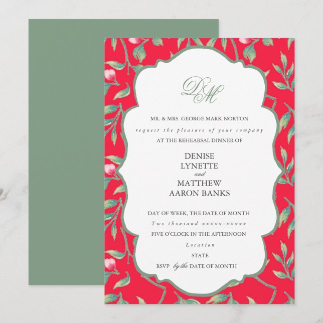 Invitation Dîner de répétition vert basilic et tang infraroug (Devant / Derrière)