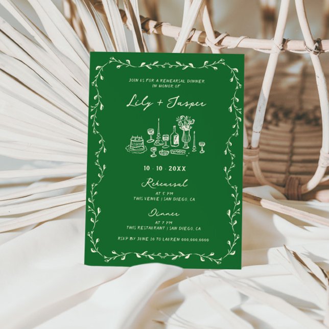 Invitation Dîner de répétition vert crème dessiné à la main (Créateur téléchargé)