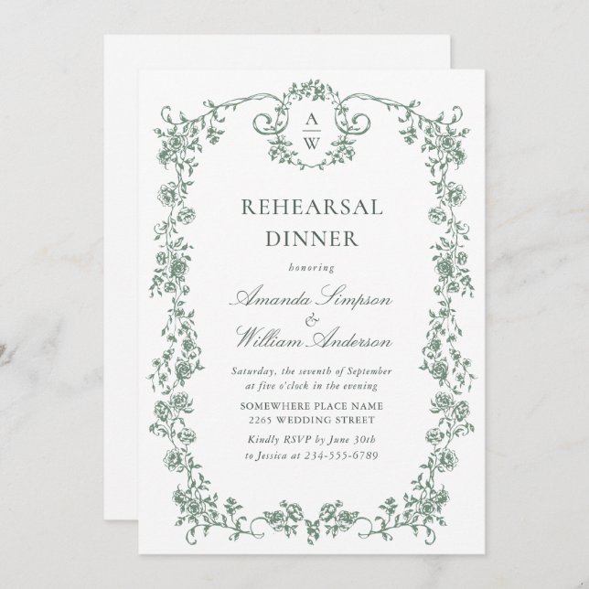 Invitation Dîner de répétition verte de l'Ornat victorien (Devant / Derrière)