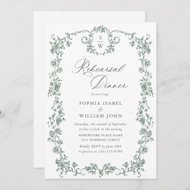 Invitation Dîner de répétition verte de l'Ornat victorien (Devant / Derrière)