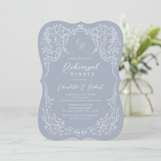 Invitation Dîner de répétition Vintage bleu Dusty (Debout devant)
