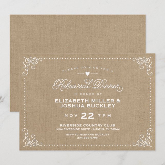 Invitation Dîner de répétition Vintage Burlap (Devant / Derrière)