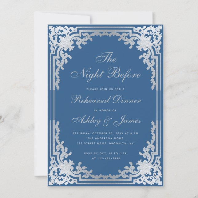 Invitation Dîner de répétition Vintage classique Blue Faux (Devant)