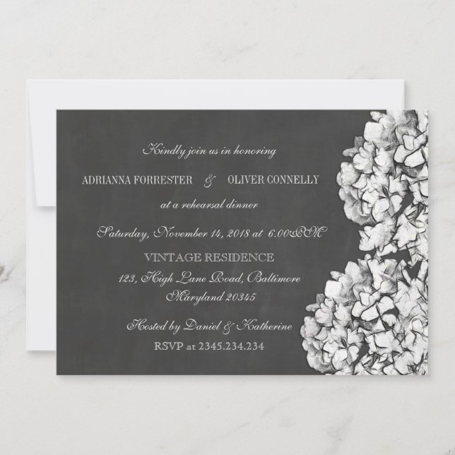 Invitation Dîner de répétition Vintage de Chalkboard Hydrange (Devant)