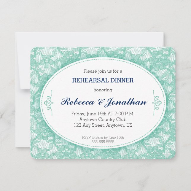 Invitation Dîner de répétition Vintage en dentelle turquoise (Devant)