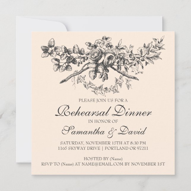 Invitation Dîner de répétition Vintage Floral Black (Devant)