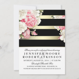 Invitation Dîner de répétition vintage Floral Black Gold Stri