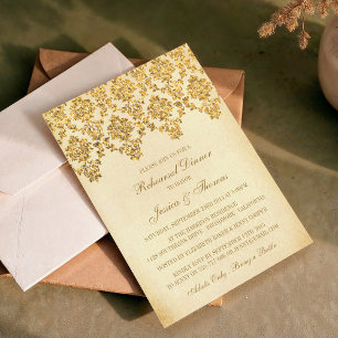 Invitation Dîner de répétition vintage Glam Gold Damask