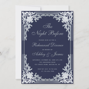 Invitation Dîner de répétition Vintage Marine Blue Faux Argen