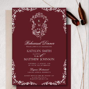 Invitation Dîner de répétition Vintage Monogramme rouge Bourg