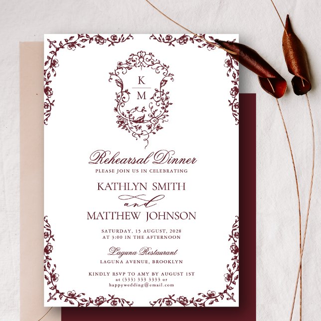 Invitation Dîner de répétition Vintage Monogramme rouge Bourg (Créateur téléchargé)