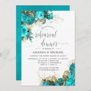Invitation Dîner de répétition vintage Turquoise et Or