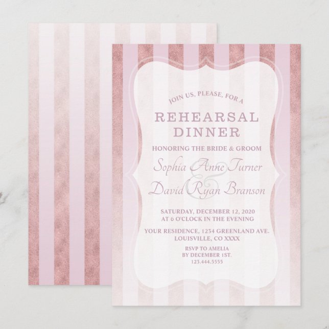 Invitation Dîner de répétition Whimsical Blush Rose Gold Stri (Devant / Derrière)