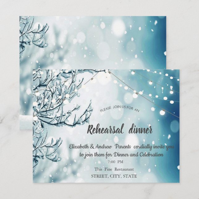 Invitation Dîner de répétition Winter Wonderland, String Ligh (Devant / Derrière)