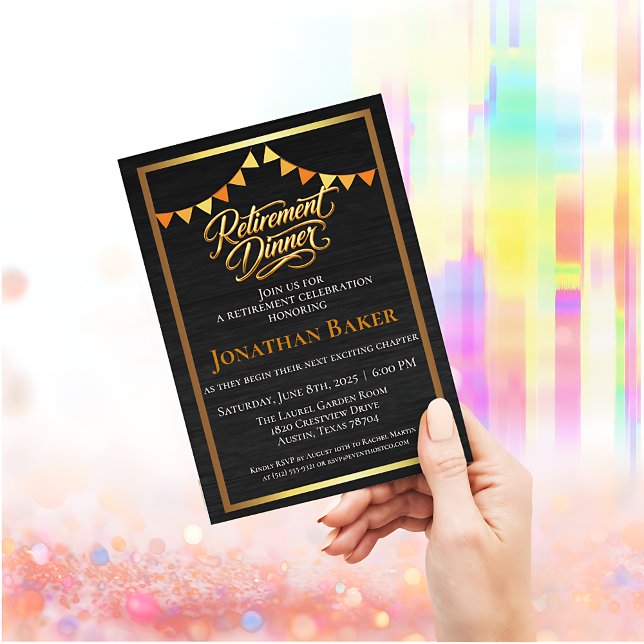 Invitation Dîner de retraite élégant Bunting or et noir (Elegant Retirement Dinner Gold Black Bunting Invitation)