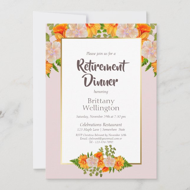 Invitation Dîner de retraite Floral Rose Orange Gold Bordure (Devant)