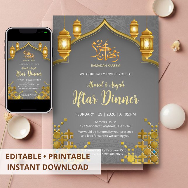 Invitation Dîner de rupture de jeûne Luxe Or et Gris Charbon (Créateur téléchargé)