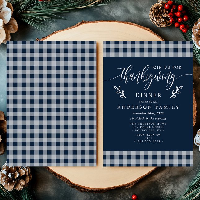 Invitation Dîner de Thanksgiving à carreaux Buffalo Navy et B (Créateur téléchargé)