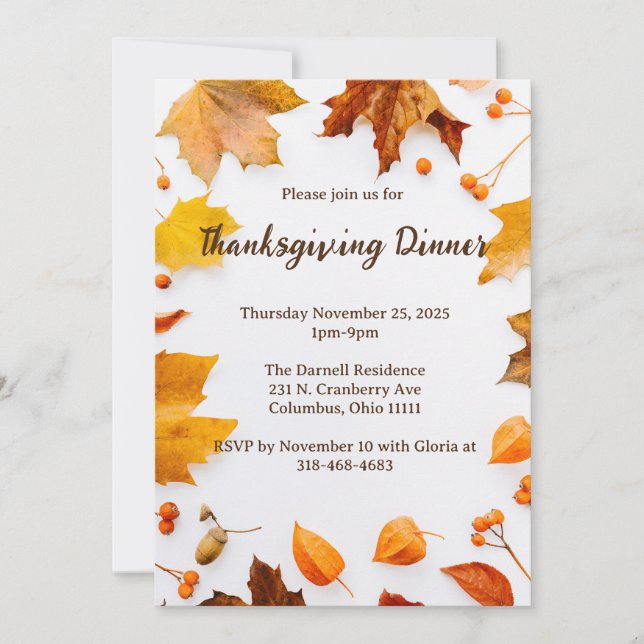 Invitation Dîner de Thanksgiving à feuilles d'automne (Devant)