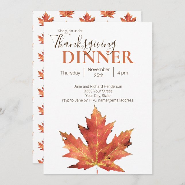 Invitation Dîner de Thanksgiving à la feuille d'automne moder (Devant / Derrière)