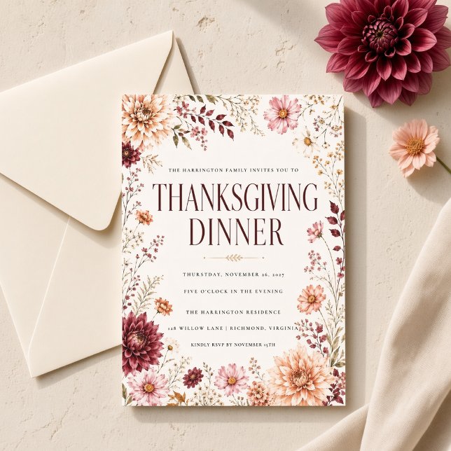 Invitation Dîner de Thanksgiving à la fleur sauvage d'automne (Créateur téléchargé)
