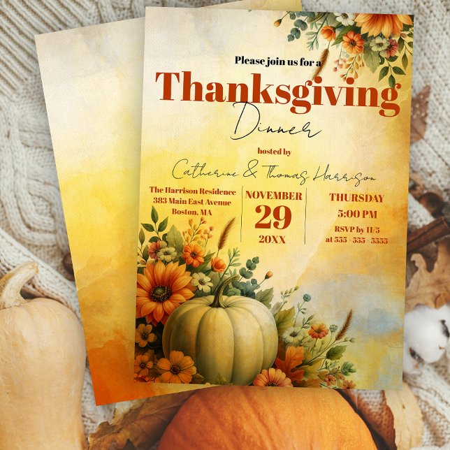 Invitation Dîner de Thanksgiving à la gouache avec citrouille (Créateur téléchargé)