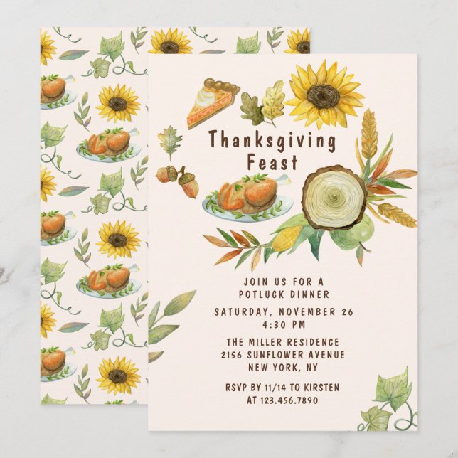 Invitation Dîner de Thanksgiving à l'aquarelle (Devant / Derrière)