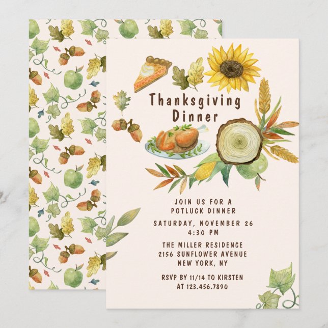 Invitation Dîner de Thanksgiving à l'aquarelle (Devant / Derrière)