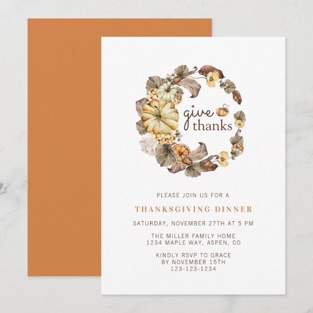 Invitation Dîner de Thanksgiving à l'aquarelle simple Remerci (Devant / Derrière)