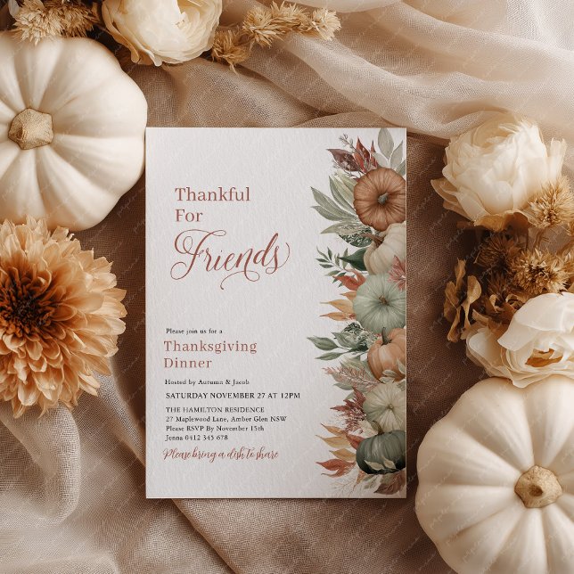Invitation Dîner de Thanksgiving à l'automne Citrouille rusti (Thankful for friends! Pumpkin Thanksgiving Dinner Invitation)