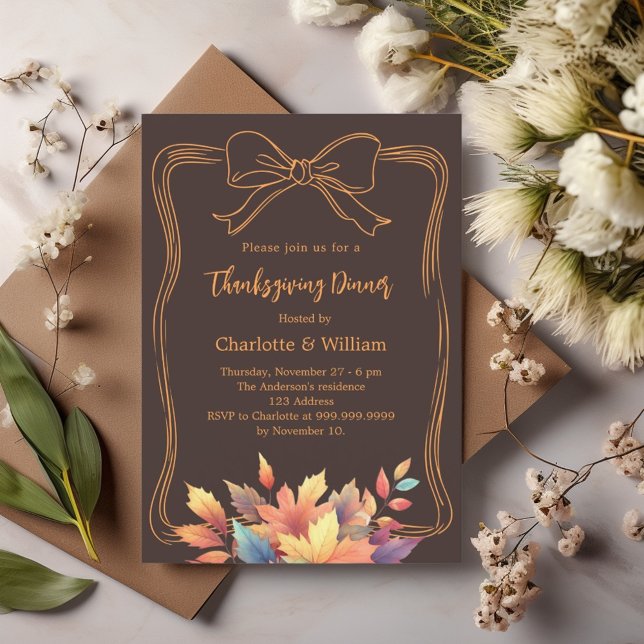 Invitation dîner de Thanksgiving arc bistre brun feuilles d'a (Créateur téléchargé)