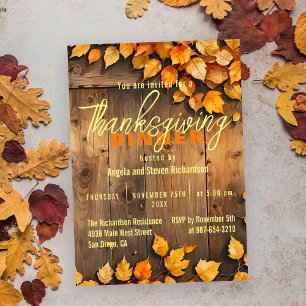 Invitation Dîner de Thanksgiving au bois rustique et feuilles