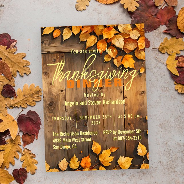 Invitation Dîner de Thanksgiving au bois rustique et feuilles (Créateur téléchargé)