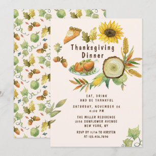 Invitation Dîner de Thanksgiving au tournesol aquarelle
