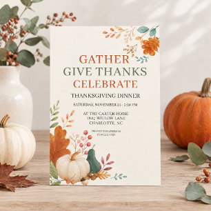 Invitation Dîner de Thanksgiving Automne Botanique Citrouille