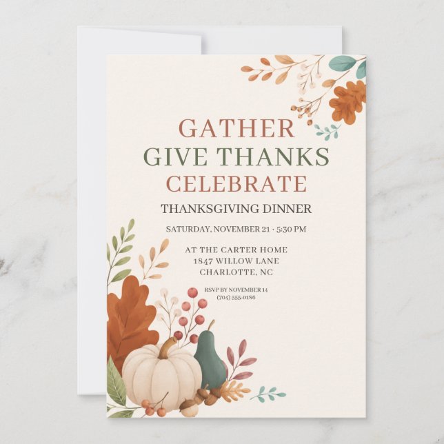 Invitation Dîner de Thanksgiving Automne Botanique Citrouille (Devant)