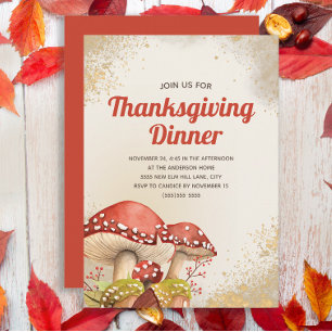 Invitation Dîner de Thanksgiving automne champignons rouges o