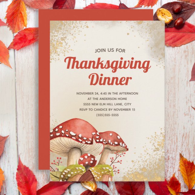 Invitation Dîner de Thanksgiving automne champignons rouges o (Red mushrooms Thanksgiving Dinner invitation)