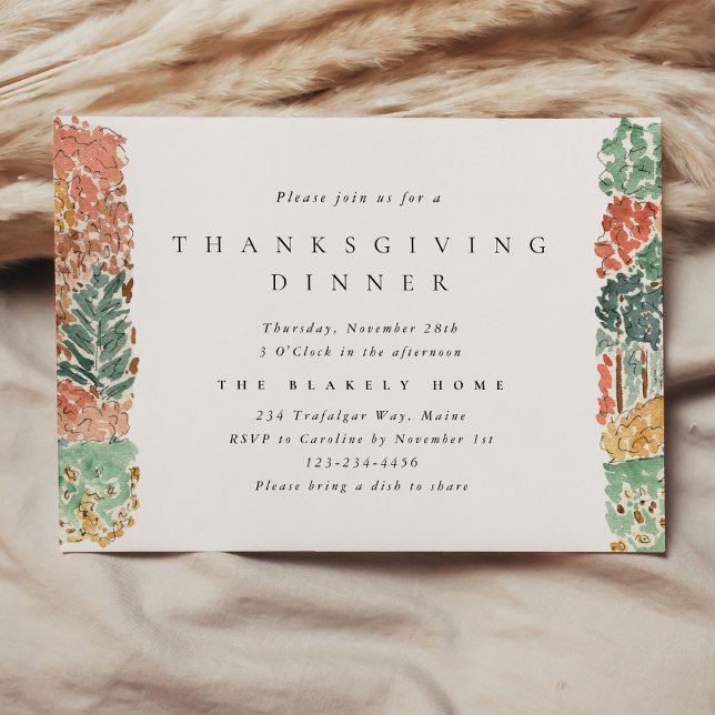 Invitation Dîner de Thanksgiving aux Arbres d'Automne à l'Aqu (Watercolor Autumn Trees Thanksgiving Dinner Invitation)