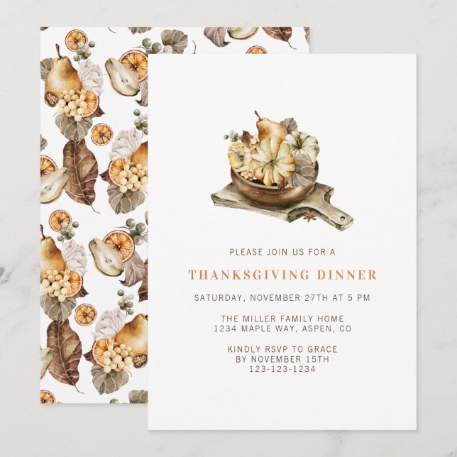 Invitation Dîner de Thanksgiving aux citrouilles à l'aquarell (Devant / Derrière)