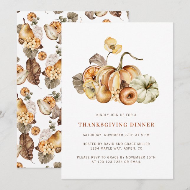 Invitation Dîner de Thanksgiving aux citrouilles à l'aquarell (Devant / Derrière)