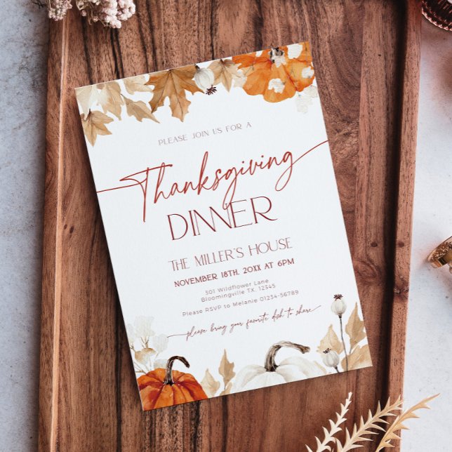Invitation Dîner de Thanksgiving aux citrouilles et feuilles  (Thanksgiving invitation with fall leaves and pumpkins)